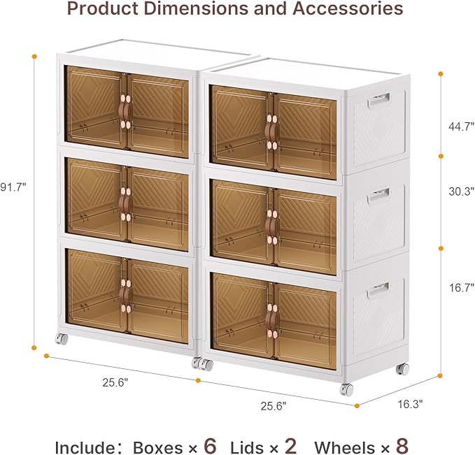720Qt Stackable Storage Bins with Lids, 6 Pack Large Collapsible Bins with Wheels, Plastic Cabinet with Doors, Foldable Closet Organizers and Storage for Home, Dorm, Office, White