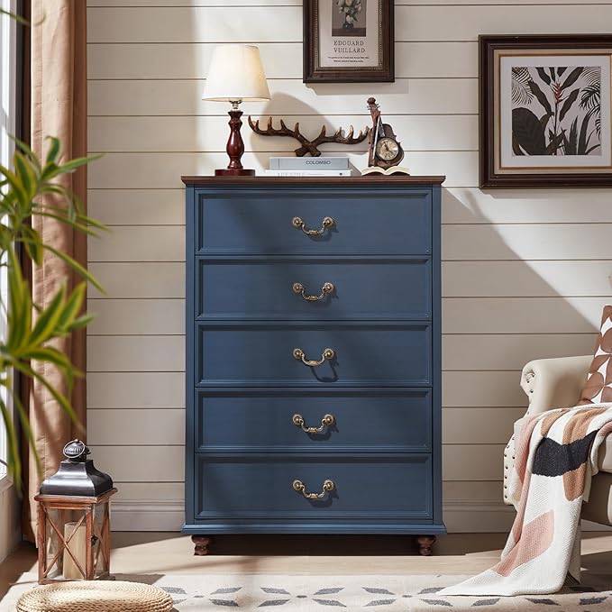 24" Wide Farmhouse Nightstand with Charging Station Set of 2,54" 7 Drawers Dresser, 45" Tall Rustic Chests of 5 Drawers, Farmhouse Furniture Series for Bedroom,DarkBlue
