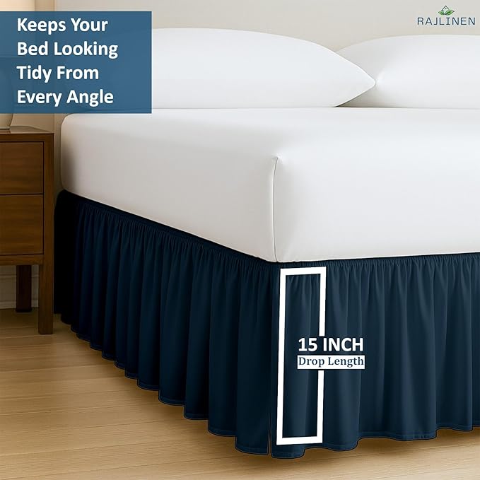 Rajlinen Ruffled Bed Skirt Full, 15 Inch Drop Dust Ruffle with Split Corners, 100% Microfiber Bedskirt with Platform, Three-Sided Coverage Ruffled Gathering Design, Navy Blue