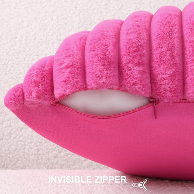 Pallene Faux Fur Plush Lumbar Throw Pillow Covers 12x20 Set of 2, Luxury Soft Fluffy Striped Decorative Pillow Covers for Sofa, Couch, Living Room, Hot Pink