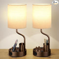 Bedside Table Lamps for Bedroom Set of 2 - Beige Nightstand Lamp with AC Outlet Charging Port and USB A C, 3 Color Temperatures, Included Phone & Pen Holder, Brown Night Stand Lamps for Guest Room