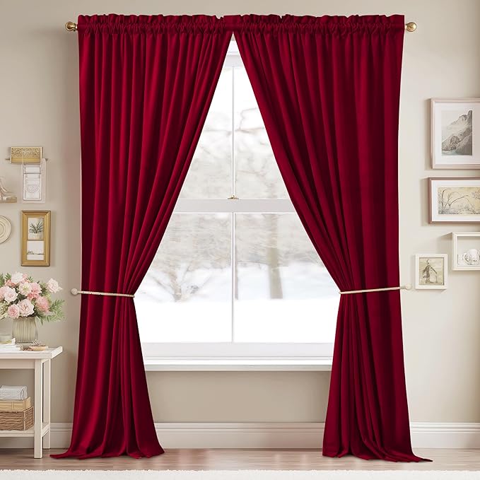 StangH Theater Red Velvet Curtains 120 inches Long, Luxury Christmas Home Decor Room Darkening Thermal Insulated Window Curtains for Living Room Bedroom, Rod Pocket Backdrops, W52 x L120, 2 Panels