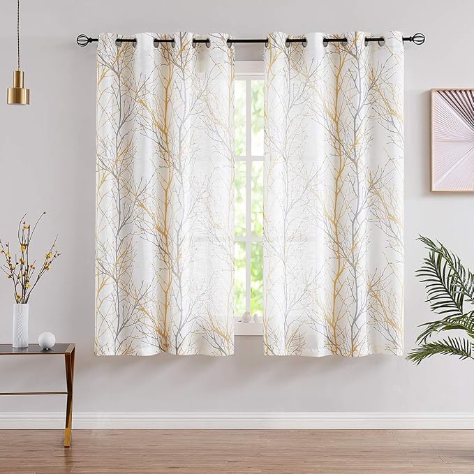 FMFUNCTEX Linen Semi Sheer Curtains for Bedroom, Yellow White Curtains 45 Inches Long for Living Room, Grey Tree Branch Print Curtain Light Filtering Kitchen Window Drapes, Grommet Top 2 Panels