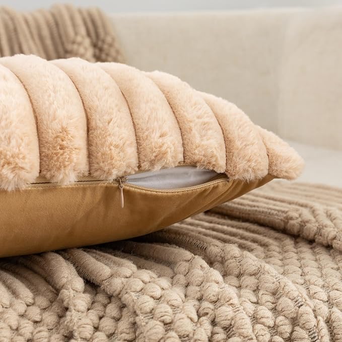 ZLINA Set of 2 Apricot Faux Fur Decorative Throw Pillow Covers Fluffy Striped Pillowcase Cushion Covers 24 x 24 Inch Decor Sofa Couch Bedroom