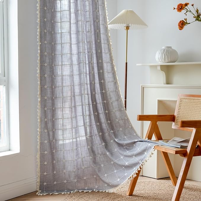 Sutuo Home Boho Curtains 96 Inches Long for Bedroom Living Room,Bohemian Checkered Linen Vintage Chic Tassels Light Filtering Farmhouse Window Treatment Drape, 1 Panel 52" W x 96" L, Dark Grey Plaids