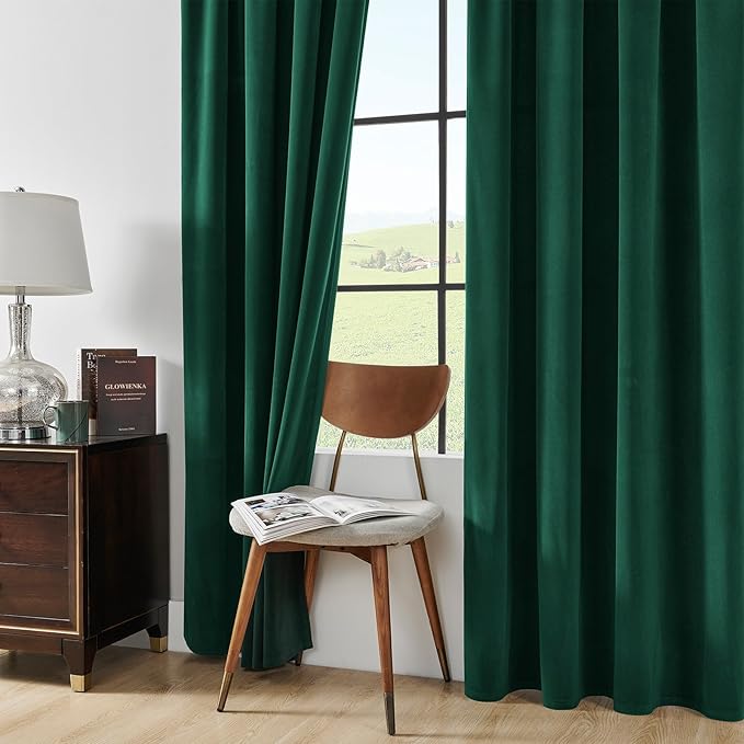 Joydeco Dark Green Velvet Curtains 90 Inches Long, Luxury Grommet Blackout Curtain 2 Panels, Thermal Insulated Privacy Room Darkening Window Drapes for Bedroom Living Room Home Theatre (52Wx90L)