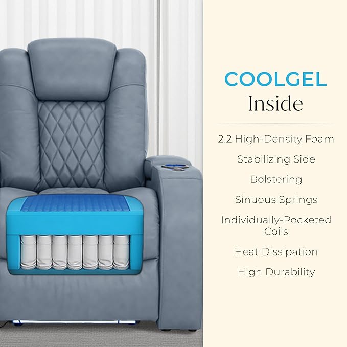 Seatcraft Diamante Zero-Gravity CoolZero Italian Leather Home Theater Seating, Power Headrest, Power Recline, Row of 2, Smokey Blue