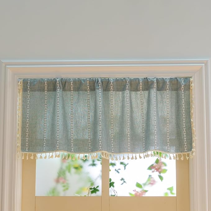 Sutuo Home Boho Linen Curtains Valance for Windows Tiers, Bohemian Short Curtains Light Filtering Country Vintage Tassels Window Treatment Long Stripes, Rod Pocket 1 Panel 52" W x 18" L, Greyish Blue
