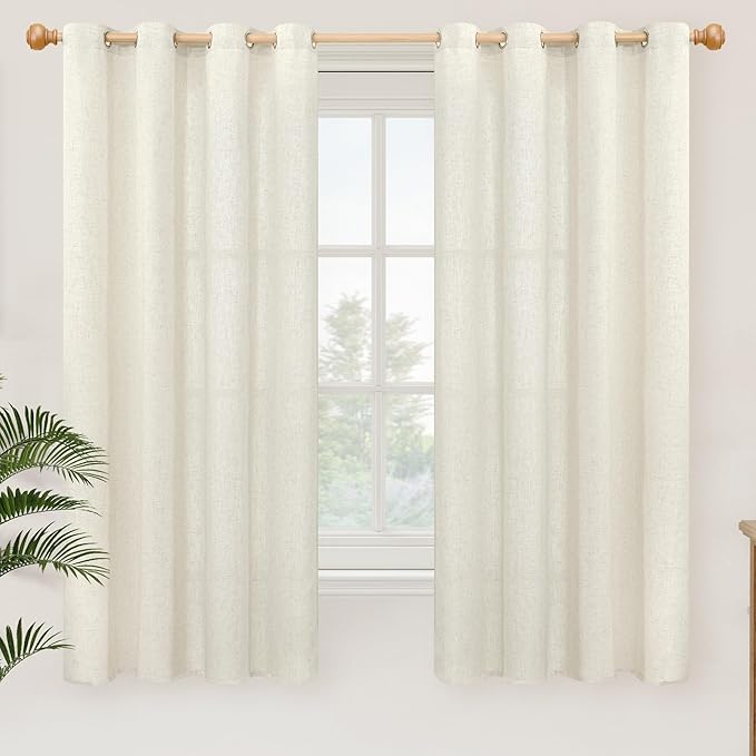 YoungsTex Natural Linen Curtains 63 Inch Length 2 Panels for Living Room, Light Filtering Drapes Semi Sheer with Grommet No See Through Privacy for Bedroom, 52 X 63 Inch