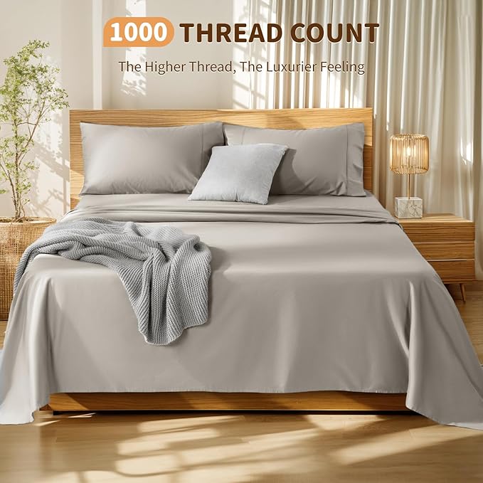 LBRO2M 100% Cotton Sheets Set Deep Pocket 19", 1000 Thread Count California King Size 4 Piece Bed Sheet Sets Soft Comfortable Bedding All Season (California King, Taupe)