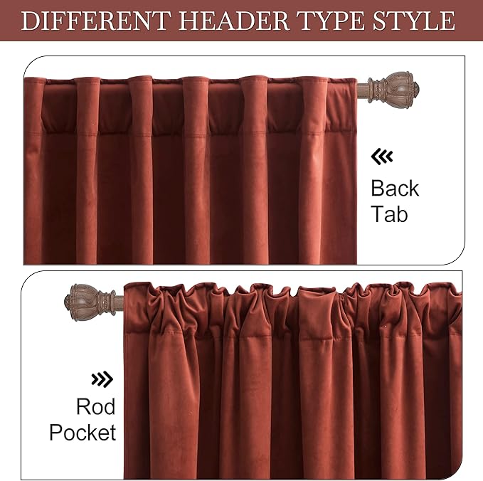 RYB Home Rust Red Velvet Curtains 96 inches Long, Thermal Insulated Panel for Bedroom Room Darkening Window Treatment for Holiday Backdrop Privacy Drapes for Guest Room, W52 x L96, 2 Panels