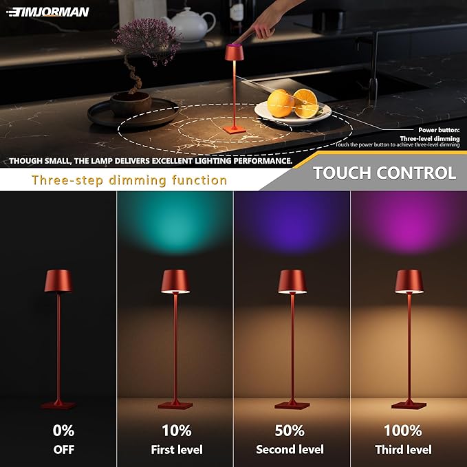 Modern LED Color-Changing Cordless Table lamp, 7 Colors, metal Shade, Touch control with sleep mode for Restaurant, Bedroom, Outdoor Camping, Coffee Shop, Night Light, Rechargeable(Red 1 PACK)