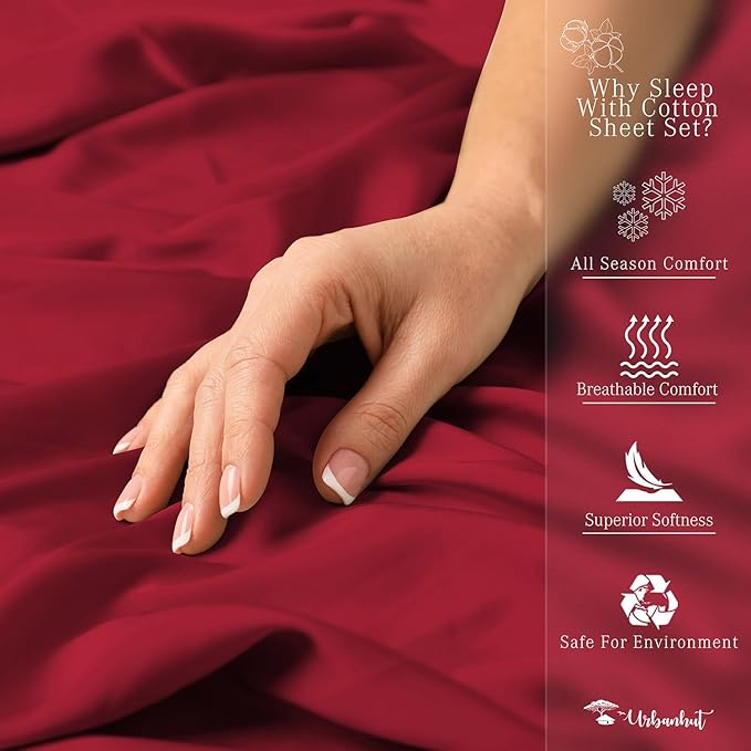 URBANHUT 800 Thread Count 100% Cotton Queen Size Sheets, Luxury 4 Piece Queen Bedsheets, Hotel Sheets Sateen Finish - Better Than Egyptian, 16" Elasticized Deep Pocket - Burgundy