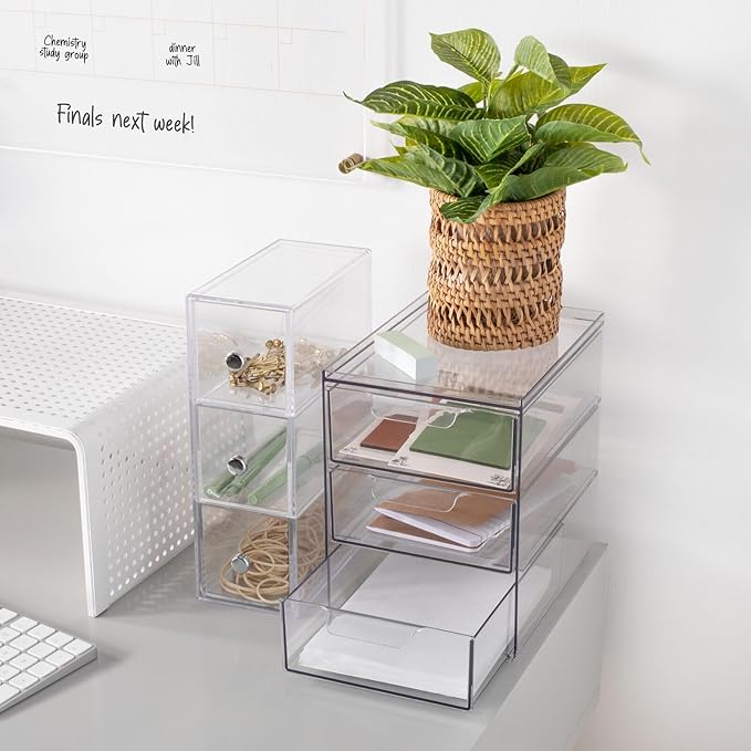 mDesign Plastic Stackable Organizer with 3 Drawers - Pull-Out Drawer Storage Bin for Bathroom Sink/Cabinet Organization - Perfect for Makeup, Small Towels, and More - Lumiere Collection, 2 Pack, Clear