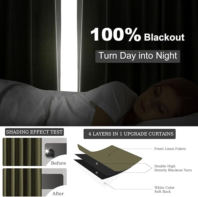 Topfinel 120 Inches Long Extra Long Olive Green Linen Curtains for Living Room,100 Percent Blackout Floor to Ceiling Pinched Pleated Boho Insulating Drapes 2 Panels for Track System,10 FT Bay Window