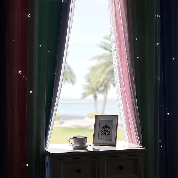 XiDi Pink & Rainbow Curtains for Kids & Girl Bedrooms - Blackout, Unicorn Wall Decals, 52x72 Inch