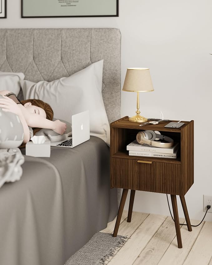 Nightstand with Outlet,Modern Bedside Table with Storage Drawer and Open Wood Shelf, for Living Room, Bedroom and Small Spaces, Accent Night Stand with Solid Wood Legs, Easy Assembly,Brown