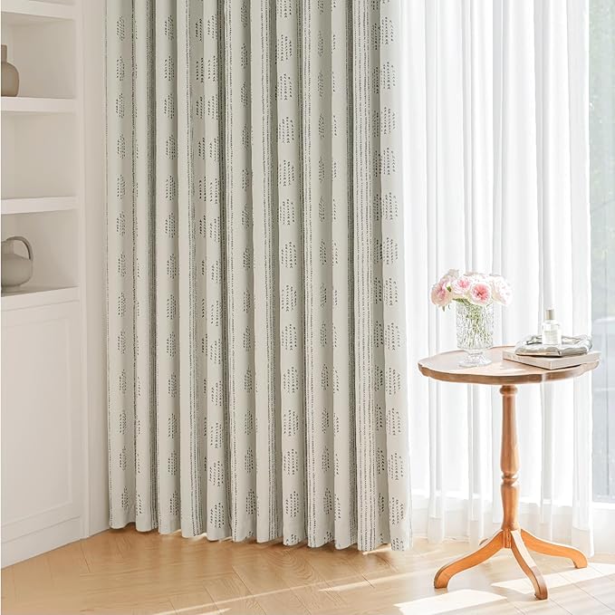 100% Boho Blackout Curtains 90 Inches Long for Bedroom, Grey on Beige Patterned Bohemian Curtains for Living Room, Geometric Striped Thermal Insulated Window Drapes Gromment Top 2 Panels