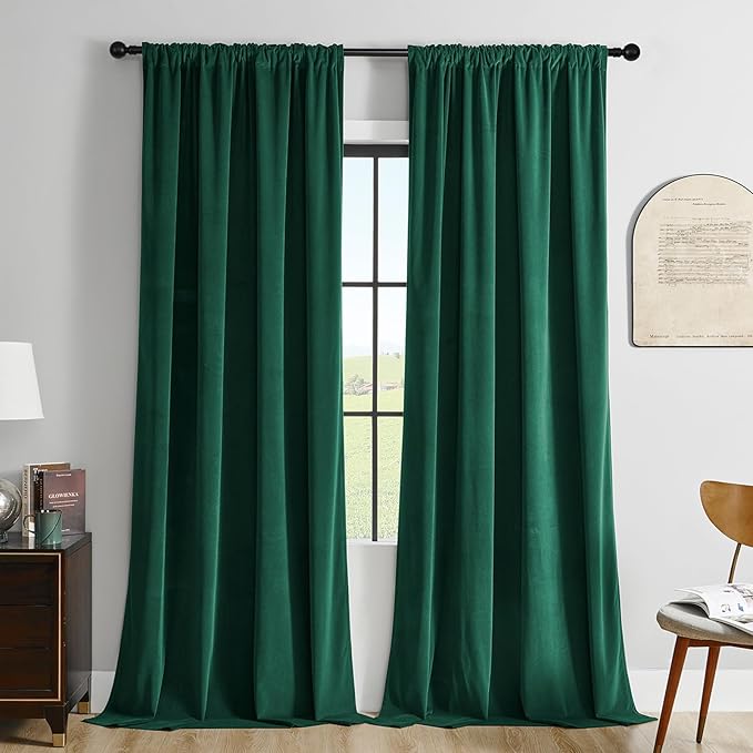Joydeco Dark Green Velvet Curtains 96 inch Length 2 Panels Burg Set, Luxury Rod Pocket Thermal Insulated Window Blackout Curtain, Room Darkening Drapes for Living Dining Room Bedroom Privacy