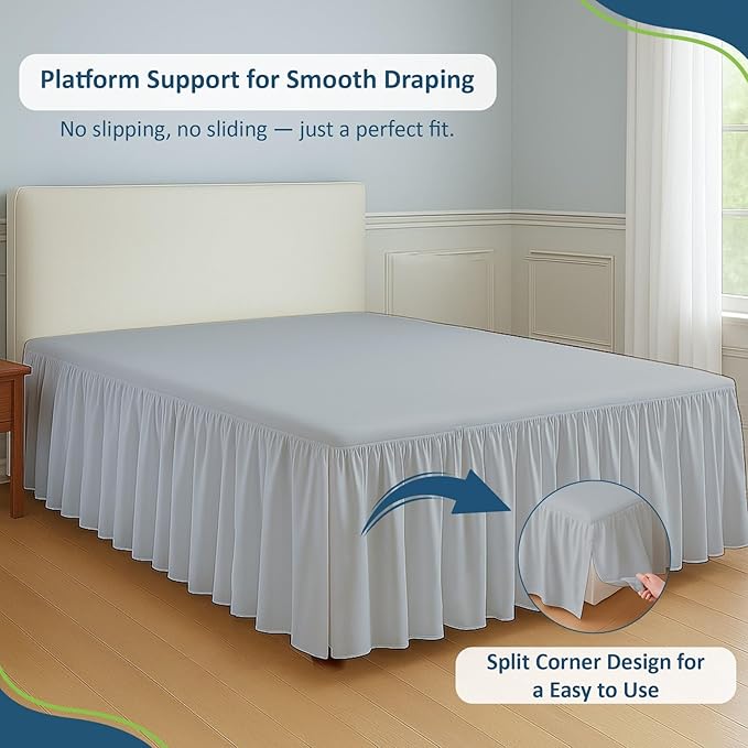 Rajlinen Ruffled Bed Skirt Full, 14 Inch Drop Dust Ruffle with Split Corners, 100% Microfiber Bedskirt with Platform, Three-Sided Coverage Ruffled Gathering Design, Light Grey