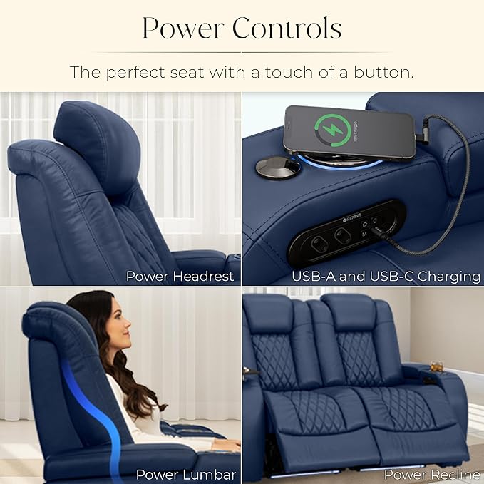 Seatcraft Diamante Zero-Gravity CoolZero Italian Leather Home Theater Seating, Power Headrest, Power Recline, Row of 4 Right Loveseat, Navy Blue