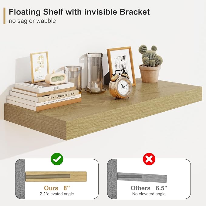 Heimlove Bathroom 12'' Deep Floating Shelves for Wall - Shelf Over Toilet Mounted Farmhouse 24 inches,Rustic Wood Shelves Decor & Storage Set of 1 Oak