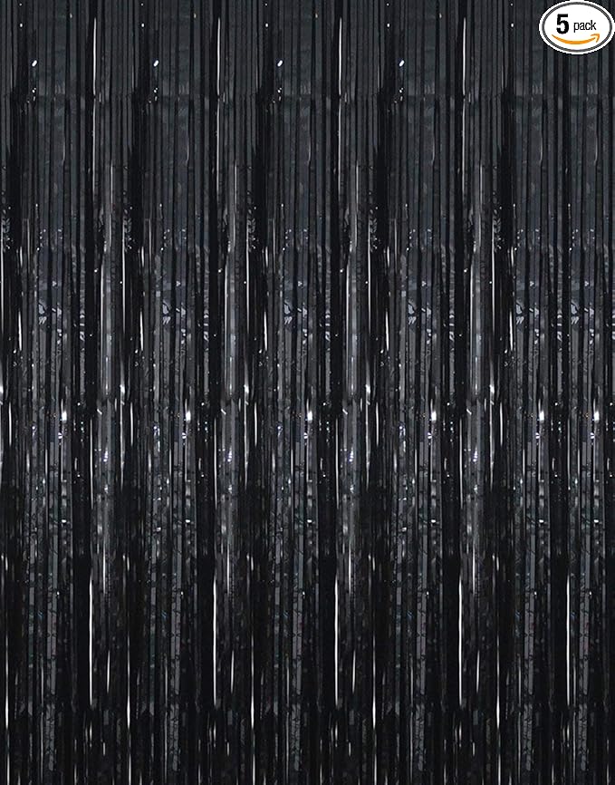 GOER 3.2 ft x 9.8 ft Metallic Tinsel Foil Fringe Curtains Party Photo Backdrop Party Streamers for Halloween,Birthday,Graduation,New Year Eve Decorations Wedding Decor (5 Packs,Black)