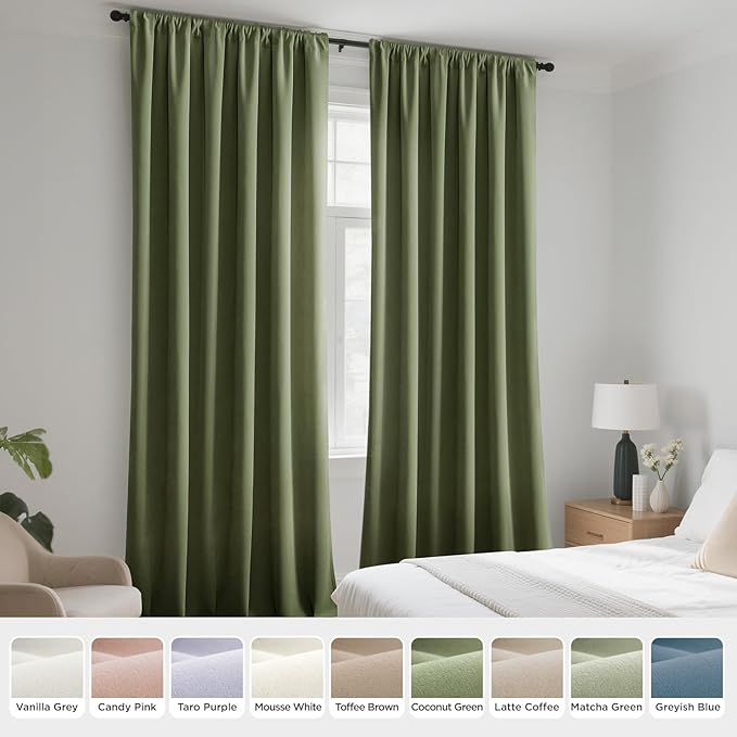 Joydeco Coconut Green Velvet Curtains 96 Inches 2 Panels, Luxury Thermal Insulated Soft Green Curtains for Bedroom & Living Room, Room Darkening Velvet Drapes, Rod Pocket (52W x 96L)