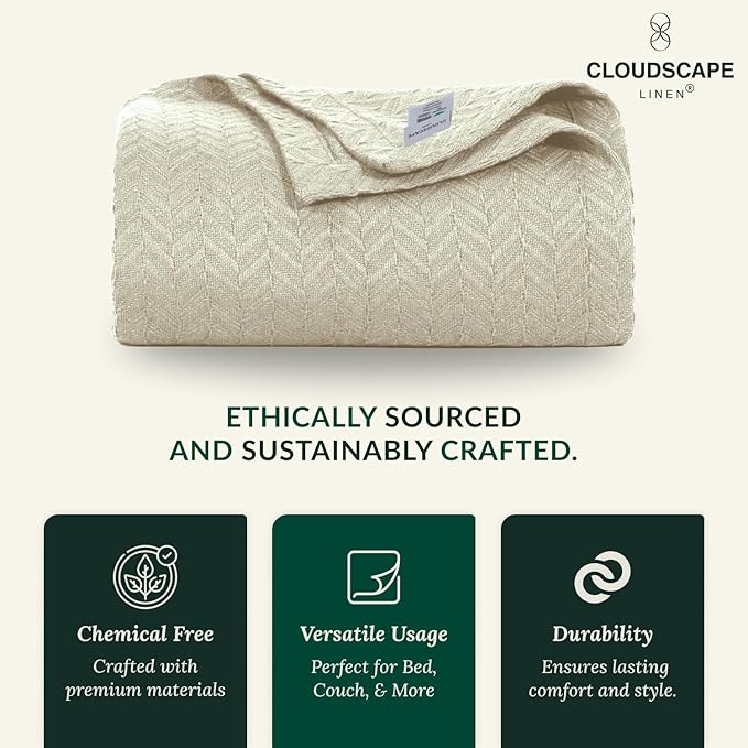 Cloud Scape Linen 100% Cotton Blanket 92x92 Fog - Cozy Herringbone Weave, Fits Up to for Full Size Beds, Breathable Softness, All-Season Warmth, Winter Blanket, for Women