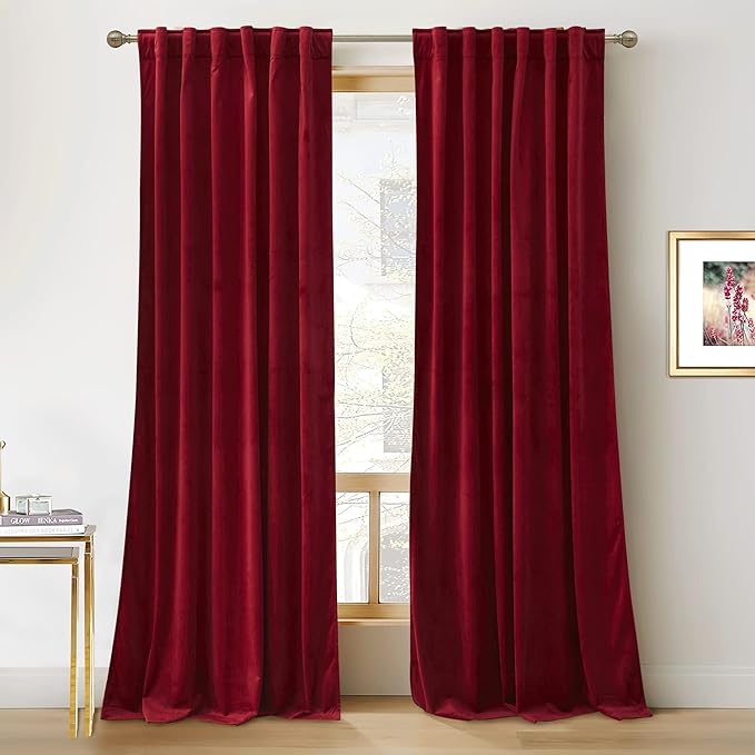 RYB Home Velvet Curtains for Bedroom - Light & Heat Block Back Tabs Window Treatment Energy Efficient Privacy Protection Drapes for Party Backdrop,Film Room, Ruby Red, W52 x L96 inches, 2 Panels