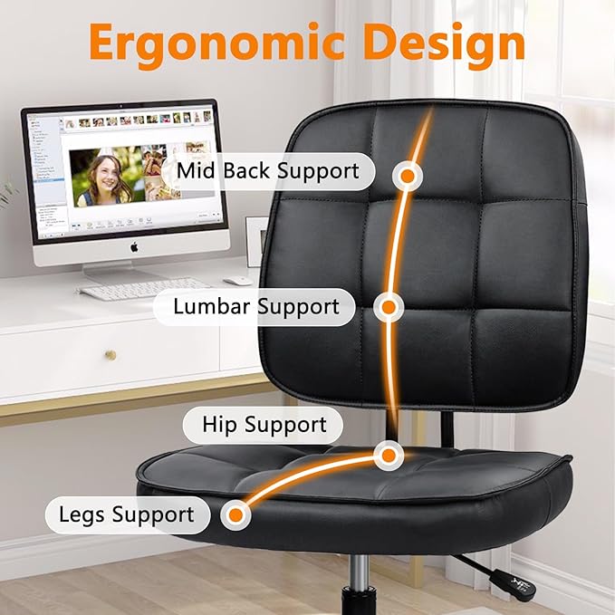 CLATINA Armless Home Office Chair with Lumbar Support and Wheels, Small PU Leather Ergonomic Low Back Desk Chairs No Arms, Adjustable Height 360° Swivel Rolling Computer Task Chair, Black, 2 Pack