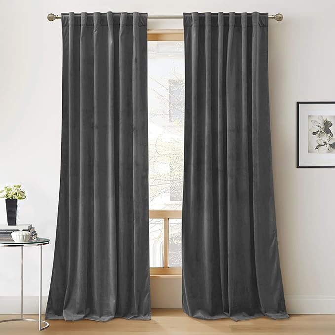 RYB HOME Grey Velvet Curtains 102 inches, Back Tab Soft Fabric Room Darkening Thermal Insulated Luxurious Home Decor Curtains for Living Room Bedroom, W 52" x L 102", 2 Panels Set