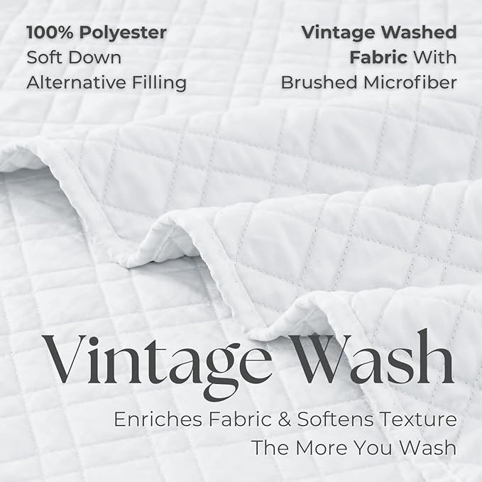 King Quilt Set with Shams Lightweight Quilted Bedspread Coverlet Thin Comforter Bed Cover Vintage Washed Quilted Blanket for All Season, Brushed Microfiber Diamond Stitching, White, 104"x92"