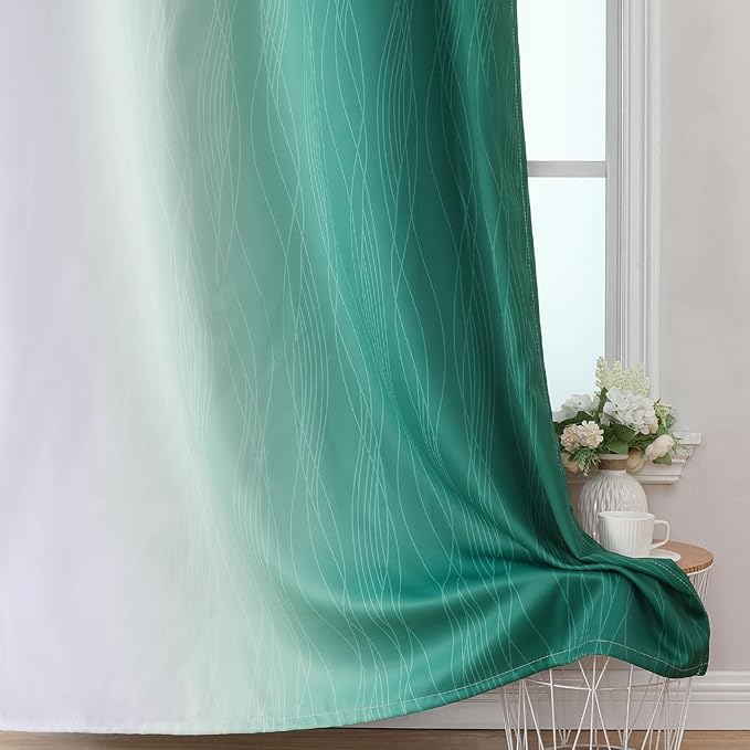 Estelar Textiler Green and Grayish White Ombre Blackout Curtains for Bedroom, Thermal Insulated Blackout Drapes, Full Light Blocking Energy Saving Long Curtains for Living Room, 52Wx108L, 2 Panels