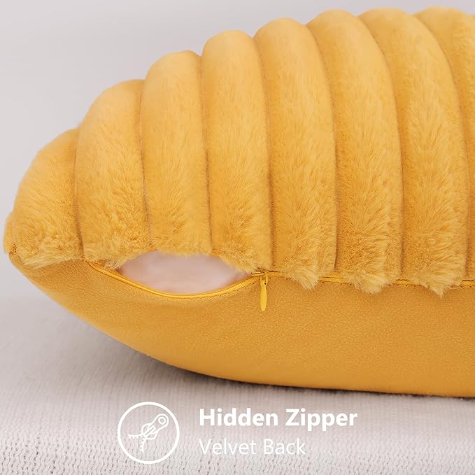 decorUhome Faux Fur Spring Throw Pillow Covers 22x22 Set of 2, Decorative Soft Plush Striped Neutral Couch Euro Sham Pillow Covers with Velvet Back for Sofa, Bed, Living Room Home, Mustard Yellow