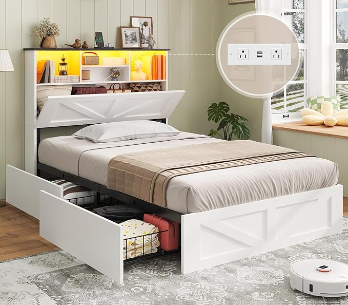 AOGLLATI Farmhouse Twin Bed Frame with 4 Storage Drawers and Charging Station,Wooden Led Twin Bed with Storage Hidden Space Headboard and Metal Slats,No Spring Box Needed,White