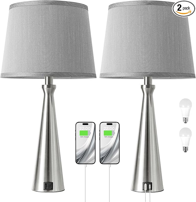 Seealle Modern Table Lamps Set of 2 - Touch Bedside Lamp for Nightstand with Dual USB C+A,3-Way Dimmable Silver Nightstand Lamps for Living Room Bedroom End Table with Grey Shade(Bulb Included)
