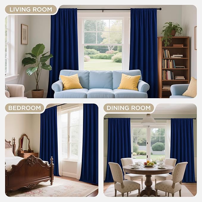 Joydeco Royal Blue 100% Blackout Curtains 120 Inch 2 Panels, Luxury Thermal Royal Blue Velvet Curtains for Bedroom Living Room, Soundproof Blackout Window Drapes, Grommet Top (52W x 120L)