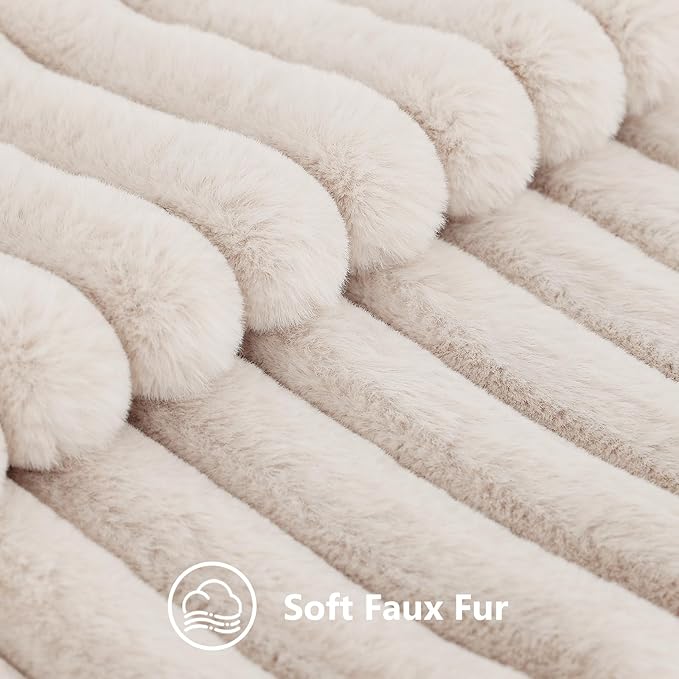 decorUhome Faux Fur Spring Throw Pillow Covers 20x20 Set of 2, Decorative Soft Plush Striped Neutral Couch Pillow Covers with Velvet Back for Sofa, Bed, Living Room Home, Beige