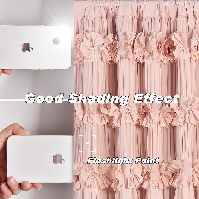 Luxurious Peach Pink Blackout Curtains with 3 Rows of Handmade Butterfly Flower Ruffles, Room Darkening and Soundproof Window Curtain 42" W x 63" L (Pair), Machine Washable (LQ-37)