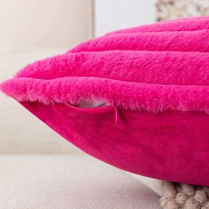 ZLINA Set of 2 Cream White Faux Fur Decorative Throw Pillow Covers Fluffy Striped Pillowcase Cushion Covers 12 x 20 Inch Decor Sofa Couch Bedroom