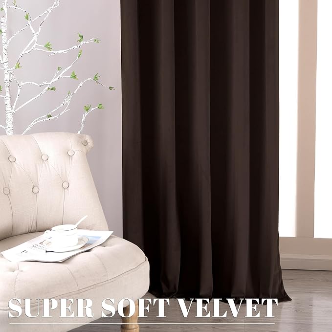 nanbowang Coffee Brown Velvet Curtains - 42 Inches Width 63 Inches Long Soft Curtain Rod Pocket Thermal Insulated Window Treatment for Bedroom 2 Panels