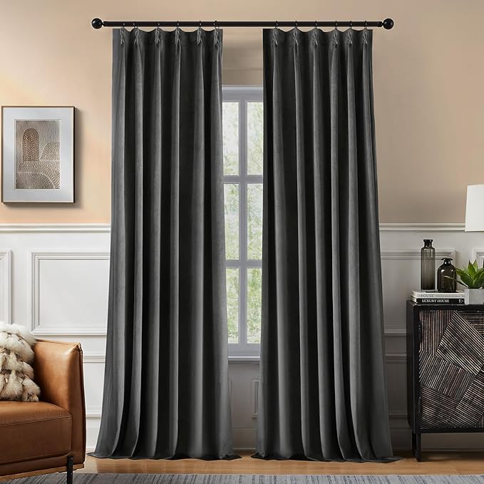 Pinch Pleated 100% Blackout Curtains for Bedroom, Grey Velvet Curtains for Living Room, Black Out Curtain 108 inch Long Room Darkening, Blackout Pinch Pleat Drapes with Hooks 2 Panels
