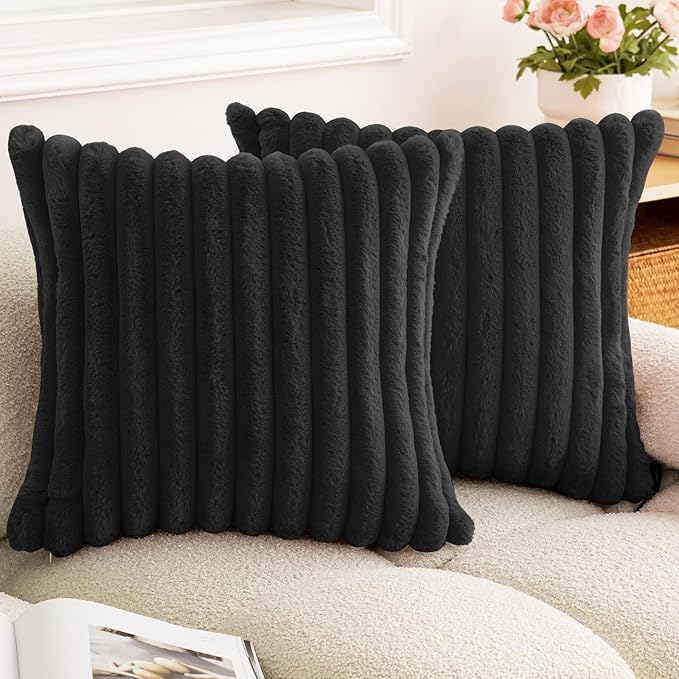 Double-Sided Faux Fur Plush Throw Pillow Covers 24x24 Set of 2 Fuzzy Striped Soft Cozy Pillowcase Luxury Decorative Pillows Square Fluffy Cushion Covers for Couch Sofa Bed,Black