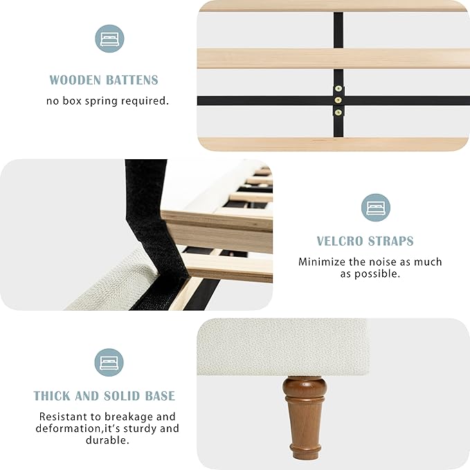 King Size Upholstered Bed Frame, Harper 54" Tall Headboard Platform Beds, Wingback Headboard Bedframes/No Box Spring Needed/Easy Assembly/Elegant Simplicit, Ivory Chenille