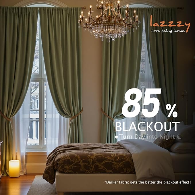 Lazzzy Velvet Blackout Curtains Thermal Insulated Room Window Drapes Super Soft Luxury Curtains for Living Room Bedroom Rod Pocket 2 Panels, Olive Sage, 52" W x 120" L