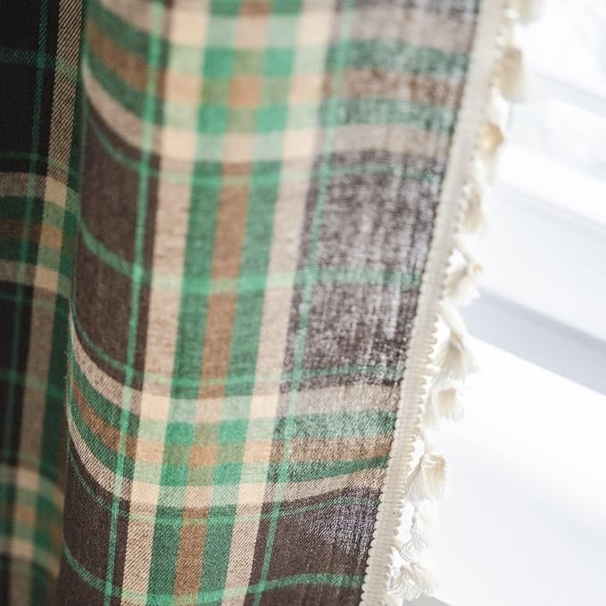 Sutuo Home Boho Curtains for Living Room Bedroom, Vintage Gingham Curtains Christmas Light Filtering Country Bohemian Tassels Vintage Chic Grid for Xmas Decor 1 Panel 52" W x 96" L, Dark Green Plaids