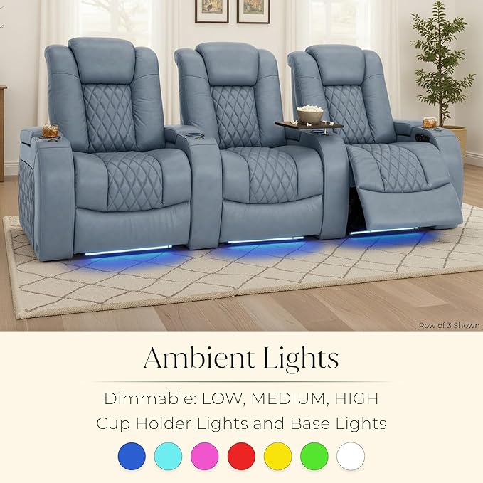 Seatcraft Diamante Zero-Gravity CoolZero Italian Leather Home Theater Seating, Power Headrest, Power Recline, Row of 2 Loveseat, Smokey Blue