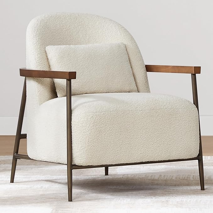 CHITA Accent Chair for Living Room Set of 2, FSC Certified Modern Upholstered Faux Sherpa Fabric Armchair with Metal Frame and Wooden Armrests, Ivory
