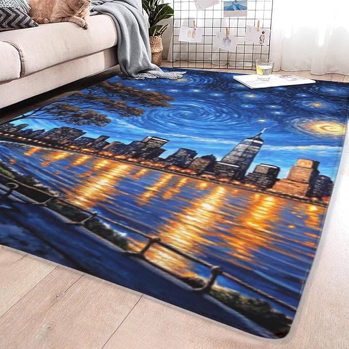 Machine Washable 3' x 5' Oil Painting-Style Area Rug, Bule Floor mat, Suitable for bedrooms, Girls' Room Bedside, Living Room, Dining Room, Office, Non-Slip Low-Pile Stars and Swirls Carpet